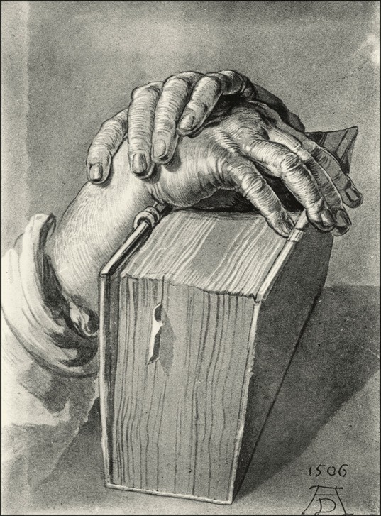 Albrecht Dürer, Händestudie mit Buch (Buch,Deutsche Kunst,Mensch,Renaissance,Altes Testament,Bibel,Hand,Studie,Schriftgelehrte,Jüdisch-Christlich)
