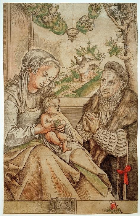 Lucas Cranach der Ältere, Friedrich III. von Sachsen vor der Madonna mit Kind kniend (Christentum, Maria, Jesus Knabe, Stifter, Fürst, Gebet,  Religion, Frömmigkeit, Anbetung, Klassiker, Renaissance, Wunschgröße, Wohnzimmer)