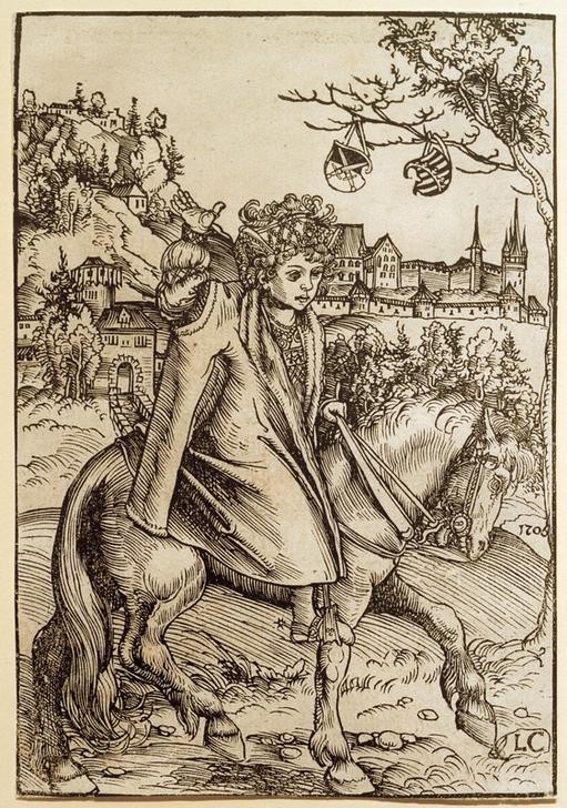 Lucas Cranach der Ältere, Sächsischer Prinz zu Pferd (Reiter, Pferd, Kind, Adel, Wappen, Heraldik, Knabe, Landschaft, Burg, Persönlichkeiten, Grafik,   Klassiker, Renaissance, Wunschgröße, Wohnzimmer, schwarz/weiß)