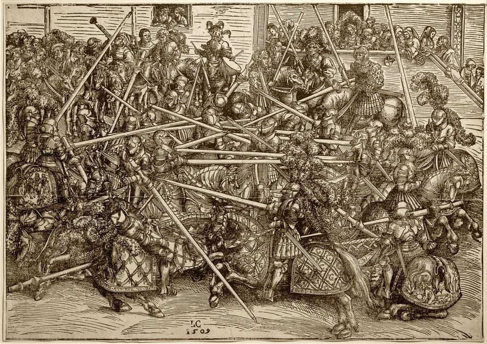 Lucas Cranach der Ältere, Massenturnier mit Lanzen (III.Turnier am Wittenberger Hof) (Turnier, Ereignis, Event, Ritter, Pferde, Getümmel, Feste, Gesellschaft, Waffen, Reiter, Höfisch, Lanzen, Wettkampf,  Grafik,  Klassiker, Renaissance, Wunschgröße, Wohnzimmer, schwarz/weiß)