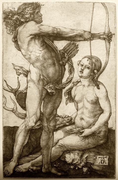 Albrecht Dürer, Apollo und Diana (Deutsche Kunst,Frau,Geschwister,Hirsch,Jagd,Kunst,Mann,Mythologie,Schiessen,Waffe,Renaissance,Akt,Köcher,Götter,Göttin,Frau Und Tier,Tier,Bogenschütze,Langes Haar,Gott,Monogramm,Ganzfigurig,Pfeil Und Bogen,Jagdgöttin,Personifizierung,Mensch Und Tier,Griec)