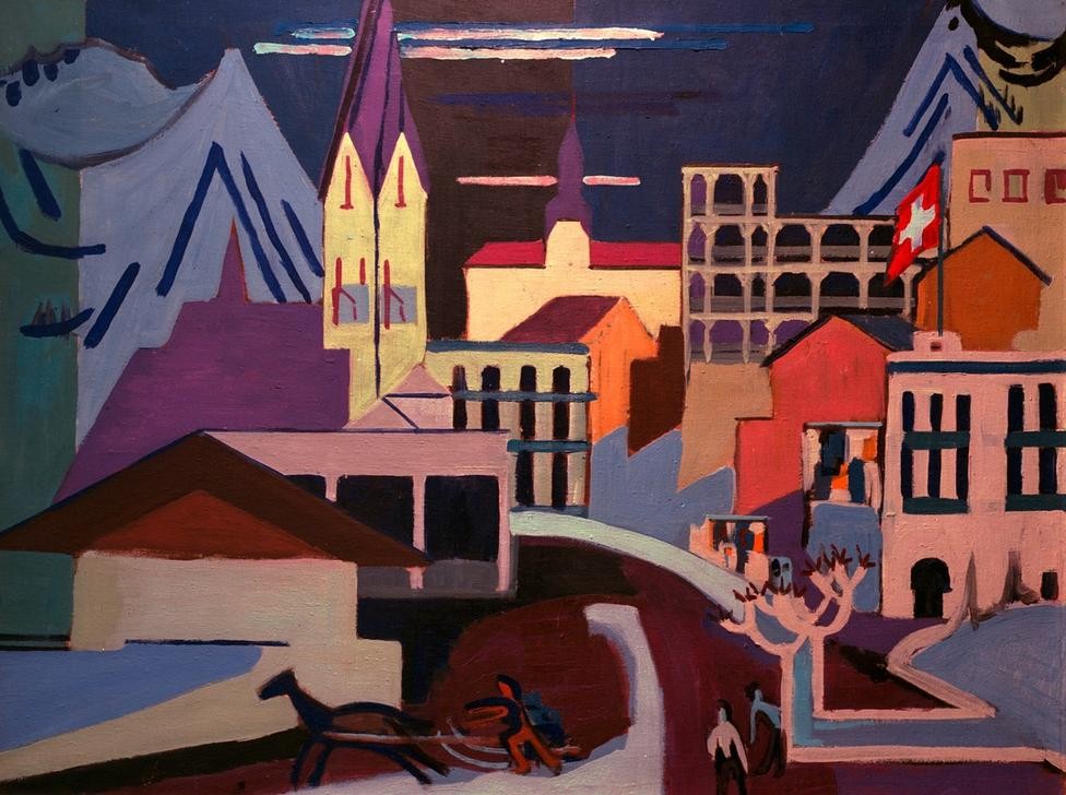Ernst Ludwig Kirchner, Davos – Platz am Bahnhof (Deutsche Kunst,Geographie,Expressionismus,Architekturdarstellung,Topographie)