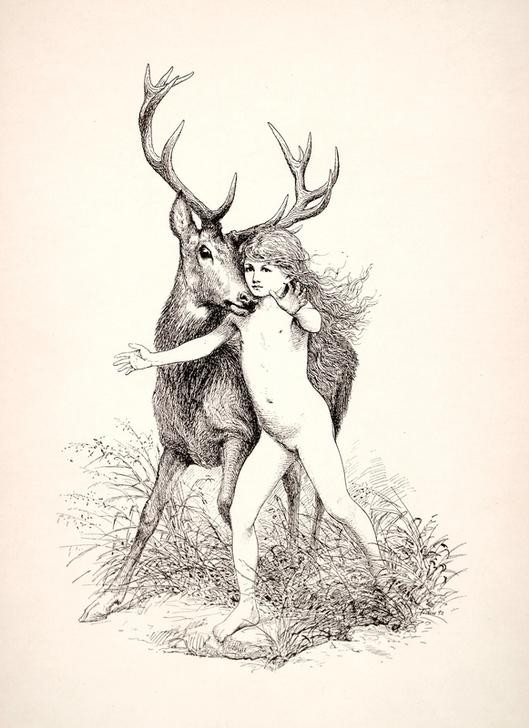 Fidus, Du sollst nicht töten (Deutsche Kunst,Hirsch,Jugendstil,Kind,Kunst,Mädchen,Vegetarismus,Zoologie,Akt,Pazifismus,Kind Und Tier,Tierliebe,Tierschutz,Lebensreform,Jagdgegner)