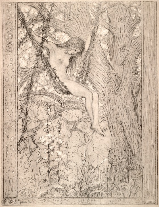 Fidus, Lianenschaukel (Deutsche Kunst,Jugendstil,Kinderspiel,Kind,Kunst,Mädchen,Urwald,Akt,Wippe,Schaukel,Lebensreform,Pubertät)