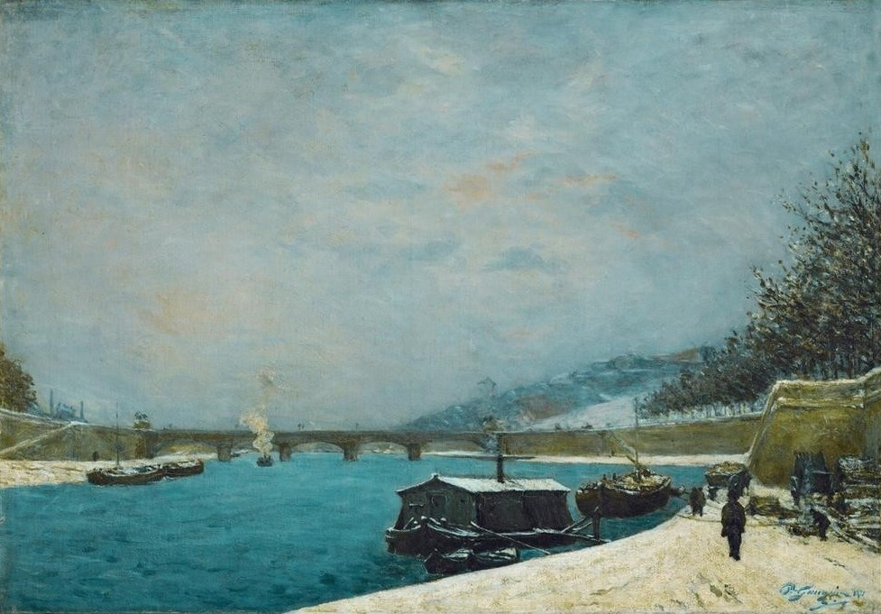 Paul Gauguin, La Seine au Pont de Jena (Brücke,Geographie,Jahreszeiten,Landschaft,Schiff,Winter,Impressionismus,Schnee,Fluss,Stadtansicht,Französische Kunst,Topographie)