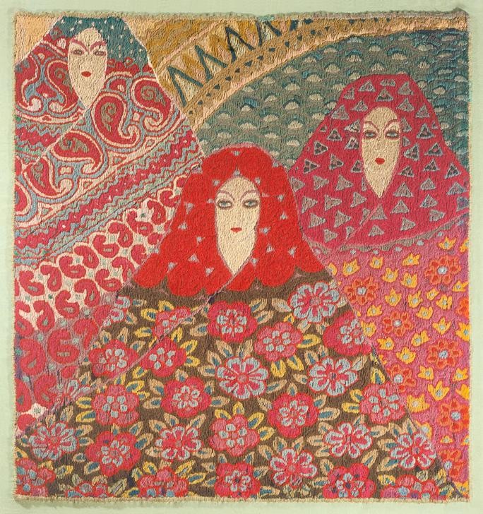 Vittorio Zecchin, Three Women, 20th century Italian tapestry (Jugendstil, drei Frauen, Blumen, Ornamente, plakativ, Wandbehang, Wohnzimmer, Treppenhaus, Wunschgröße)