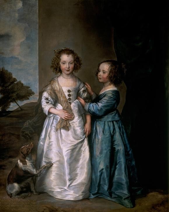 Anthonis van Dyck, Bildnis Elisabeth und Philadelphia Wharton (Mädchen, Schwestern, Kinder, Hund, Mode, Prunk, Adel, Persönlichkeiten, Barock, Klassiker, Wunschgröße, Wohnzimmer)