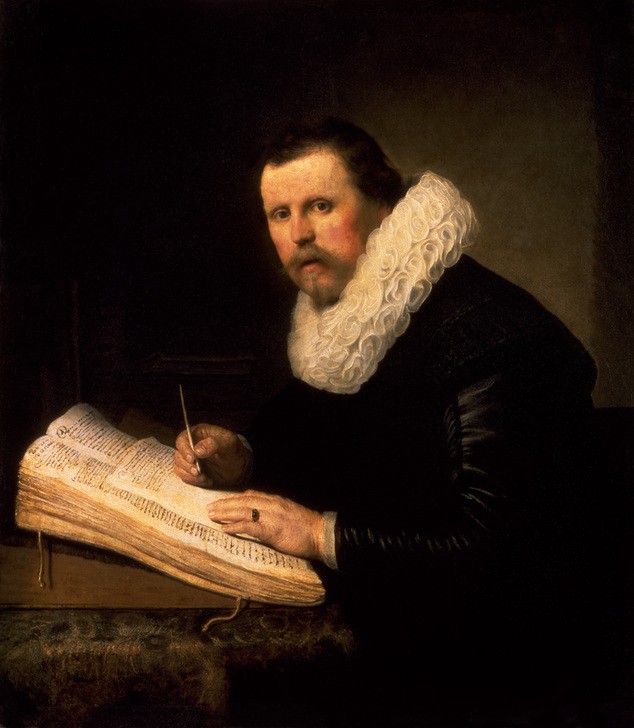 Rembrandt Harmenszoon van Rijn, Bildnis eines Gelehrten (Buch,Gelehrter,Mann,Mensch,Barock,Portrait,Niederländische Kunst,Holländische Kunst,Schreiben)