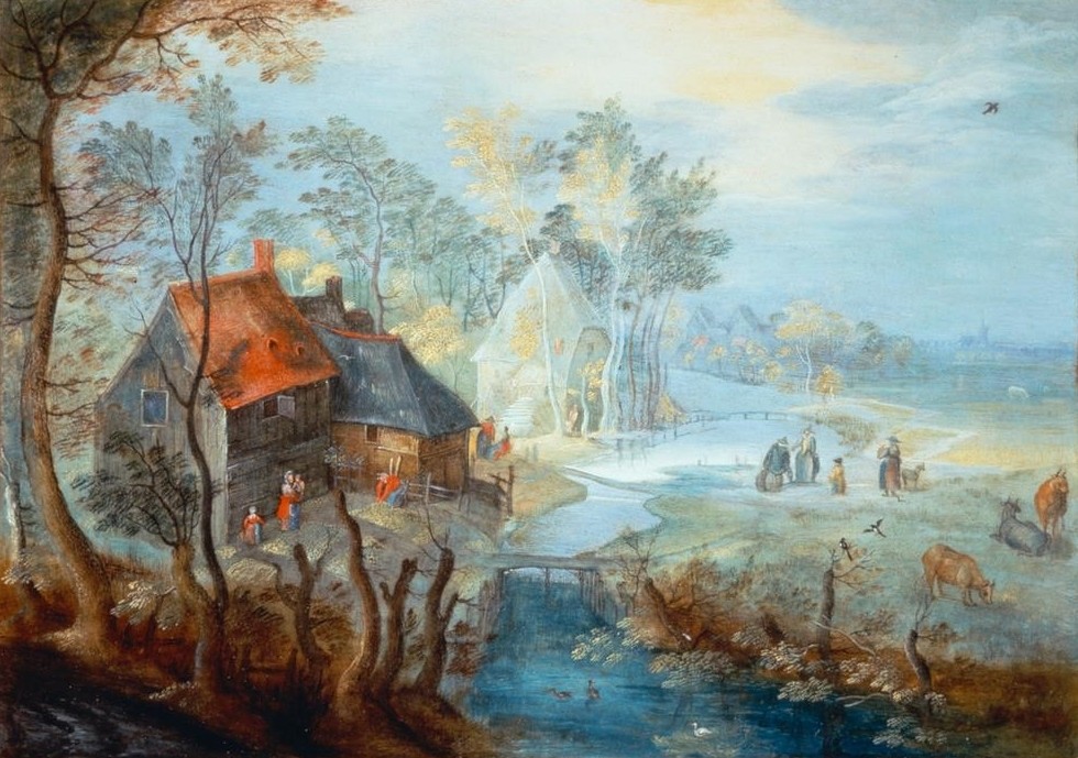 Jan BRUEGHEL DER Jüngere, Weiler an einem Fluß mit Figuren (Bauernhaus,Dorf,Landschaft,Fluss,Niederländische Kunst)