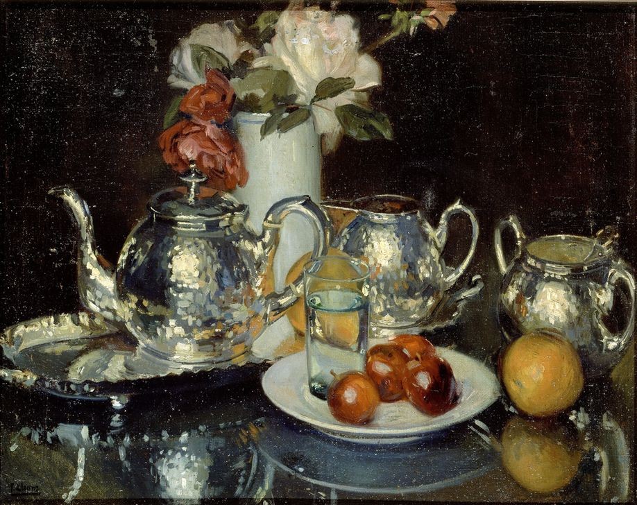 Francisco Llorens Diaz, SERVICIO DE TE (Stillleben, Blumenvase, Silberservice, Teeservice, Rosen, Obstteller, Wasserglas, klassische Moderne, Esszimmer, Wohnzimmer, Impressionismus Wunschgröße, Malerei)