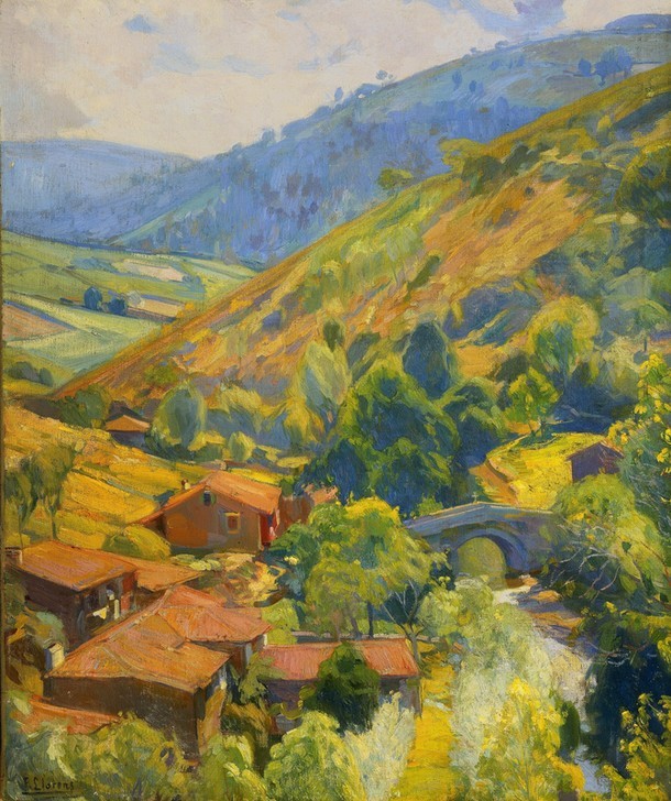 Francisco Llorens Diaz, RIO MANDEO (Landschaft, Landschaftsmalerei, Hügel, Berge, Fluss, Tal, Brücke, klassische Moderne,   Wohnzimmer, Impressionismus, Wunschgröße, Malerei)
