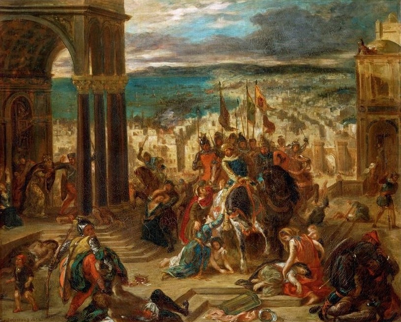 Eugene Delacroix, Prise de Constantinople par les Croisés (Architektur,Belagerung,Geschichte,Krieg,Pferd (Tier),Ritter,Kapitell,Säule,Kreuzzug,Französische Kunst,Eroberung,Historienmalerei,Tier,4. Kreuzzug,Romantik)