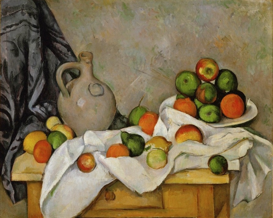 Paul Cézanne, Rideau, cruchon et compotier (Stillleben, Äpfel, Birnen, Früchte, Obst, Kanne,Tisch, Tischtuch, Obstschale,  Impressionismus, Wunschgröße, Wohnzimmer, Esszimmer, Klassiker,)