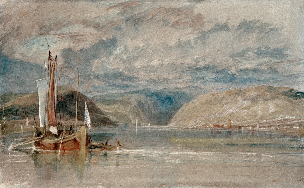 JOSEPH MALLORD WILLIAM TURNER, Rüdesheim, Blick auf das Binger Loch (Geographie,Landschaft,Stadtansicht,Englische Kunst,Romantik,Topographie,Rheinromantik)