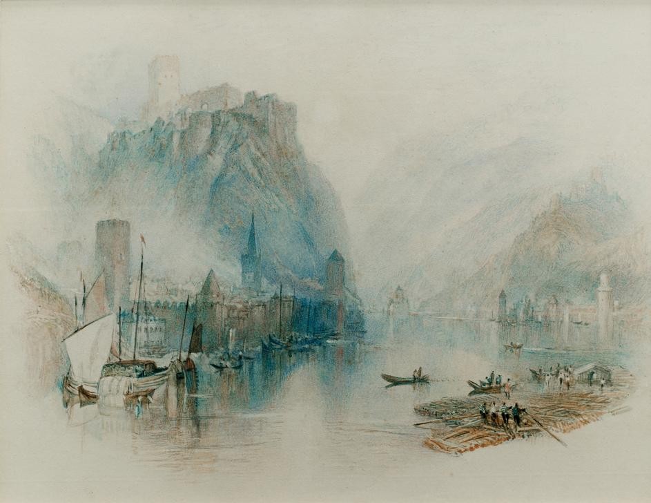 JOSEPH MALLORD WILLIAM TURNER, Burgen am Rhein (The Castellated Rhine) (Burg (Bauwerk),Floss (Schiffahrt),Landschaft,Fluss,Felsen,Englische Kunst,Romantik,Rheinromantik,Schifffahrt)