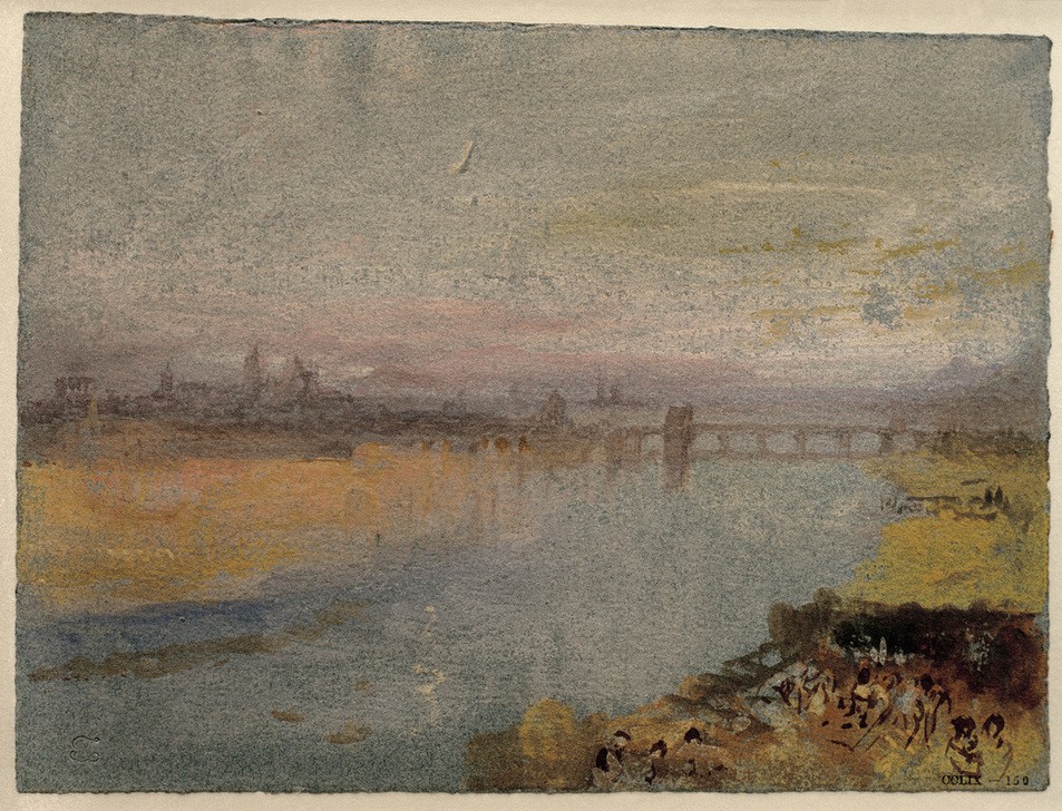 JOSEPH MALLORD WILLIAM TURNER, Trier von Westen aus gesehen (Brücke,Geographie,Landschaft,Impressionismus,Fluss,Stadtansicht,Englische Kunst,Romantik,Topographie)