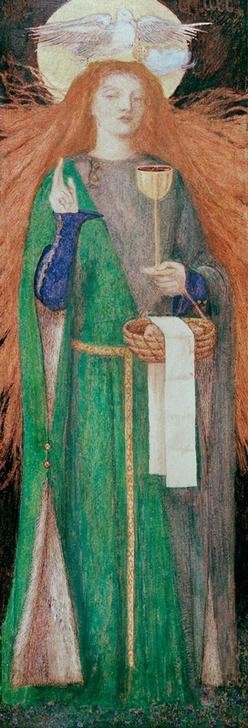Dante Gabriel Rossetti, Die Jungfrau vom Heiligen Gral (Christentum,Sage,Literatur,Taube,Segen,Hand,Jungfrau,Gestik,Präraffaeliten,Englische Kunst,Gral,Kelch,Rote Haare,Heiligenschein,Eucharistie)