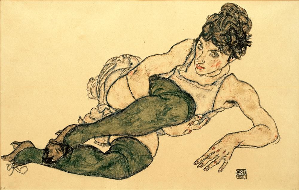 Egon Schiele, Liegende Frau mit grünen Strümpfen (Frau,Akt,Expressionismus,Österreichische Kunst,Halbakt,Damenstrumpf,Liegen)