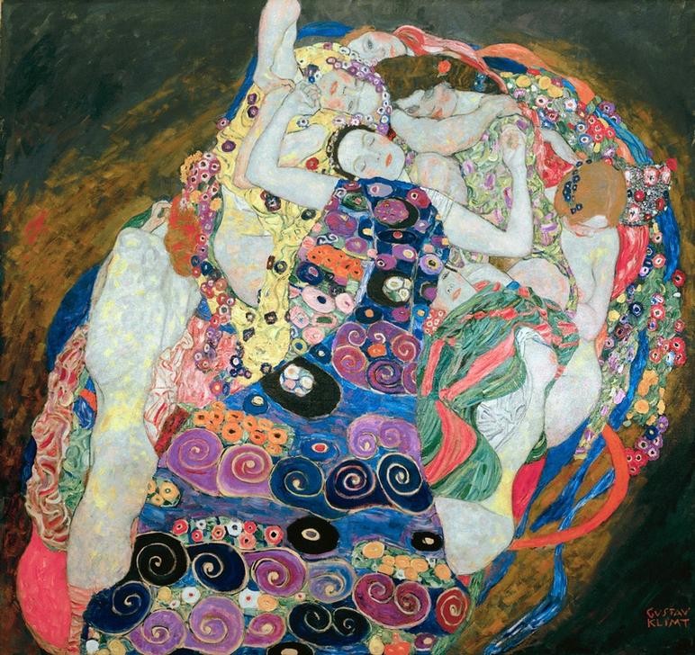 Gustav Klimt, Die Mädchen  (Klassische Moderne,dekorativ, Jugendstil, Eros&People, Frauen, Umarmung, Erotik, Ornamente, geometrische Formen,  Wohnzimmer, Treppenhaus, Schlafzimmer, Malerei)