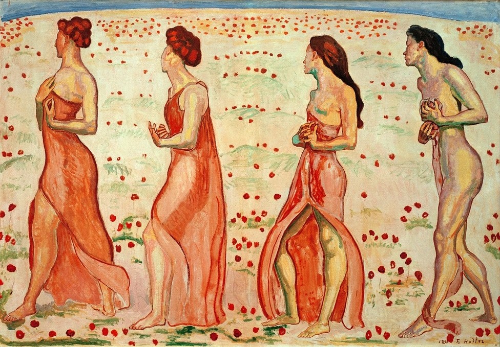 Ferdinand Hodler, Die Empfindung (Frau,Gruppenbild,Jugendstil,Kunst,Symbolismus,Schweizerische Kunst,Gehen,Eurythmie,Gefühl (Stimmung),Gänsemarsch,Schreiten)