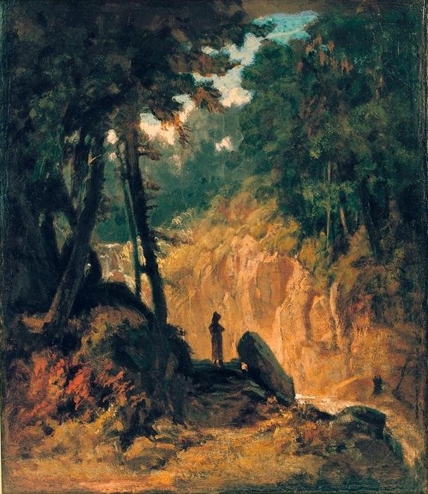 Carl Spitzweg, Bewaldete Landschaft mit Wasserfall, am Ufer mit Kapuzinerm (Deutsche Kunst,Landschaft,Wald,Wasserfall,Mönch,Schlucht,Einsamkeit,Felsen)