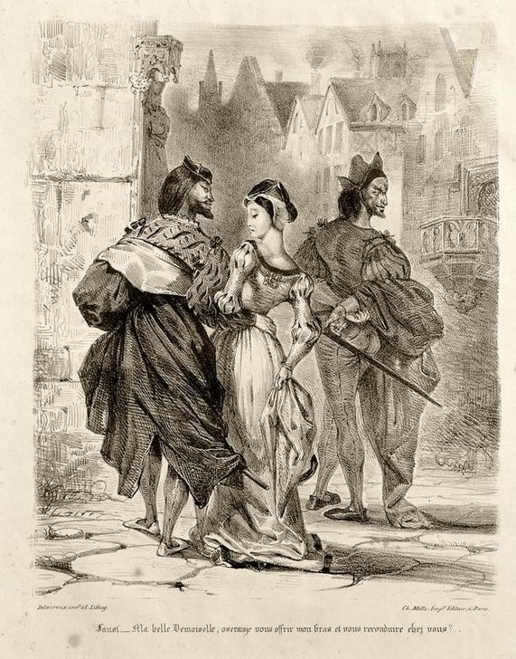 Eugene Delacroix, Faust: Ma belle Demoiselle, (…) (Literatur,Spaziergang,Strassenszene,Szene,Theater,Tragödie,Teufel,Verführung,Französische Kunst,Schauspiel,Anmache,Illustration,Buchillustration,Begegnung,Romantik,Person)