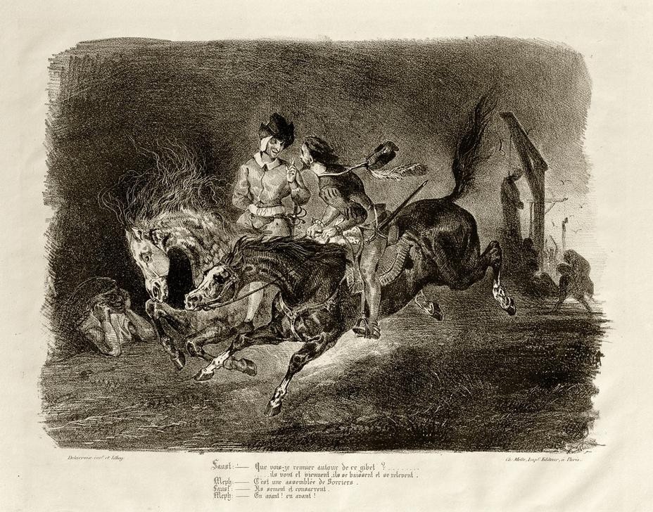 Eugene Delacroix, Faust: Que voisje autour de (…) (Hexensabbath,Literatur,Pferd (Tier),Theater,Walpurgisnacht,Reiter,Tragödie,Teufel,Französische Kunst,Schauspiel,Illustration,Buchillustration,Romantik,Person)