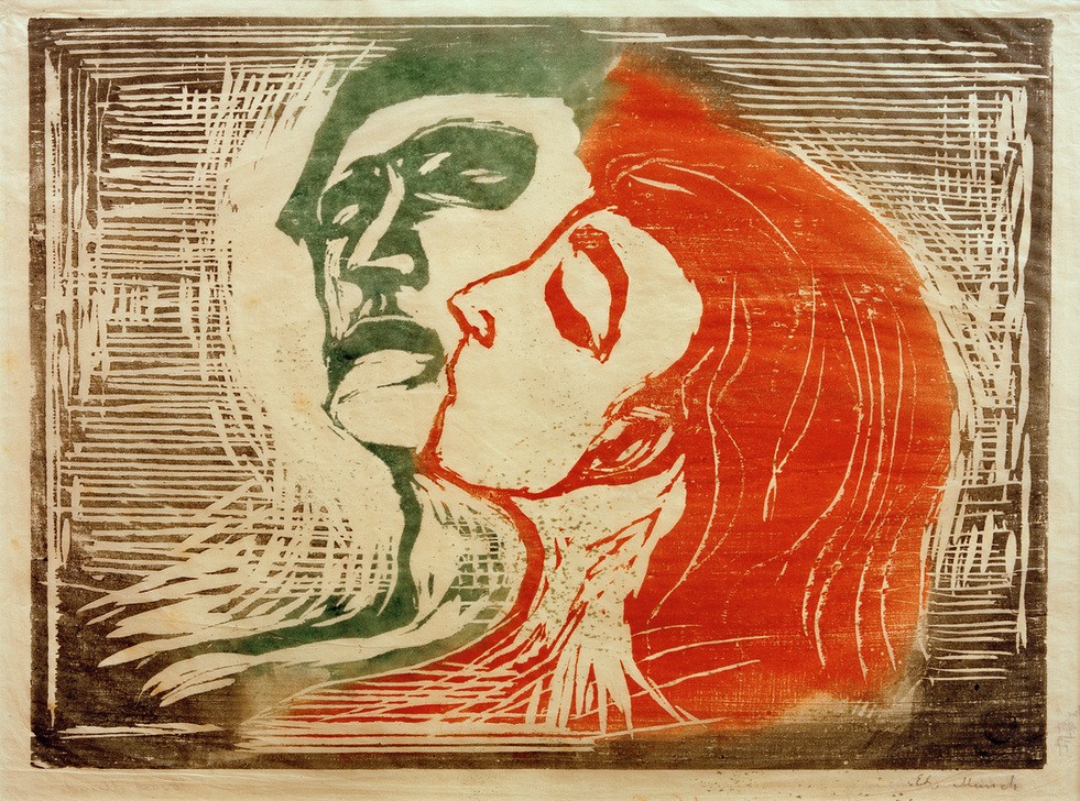 Edvard Munch, Kopf an Kopf (Mann und Weib, sich küssend) (Frau,Jugendstil,Kunst,Liebe Und Ehe,Liebespaar,Mann,Mensch,Symbolismus,Kuss,Expressionismus,Norwegische Kunst,Kopf,Jahrhundertwende)