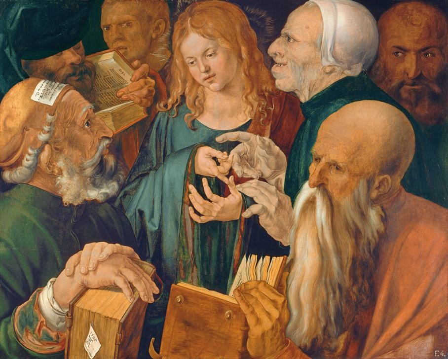 Albrecht Dürer, Der zwölfjährige Jesus unter den Schriftgelehrten (Buch,Christentum,Deutsche Kunst,Bart,Renaissance,Neues Testament,Bibel,Hand,Gestik,Zwölfjähriger Jesus Im Tempel,Schriftgelehrte,Jesusknabe,Vollbart,Kindheit Jesu,Buch (Aufgeschlagen),Foliant)