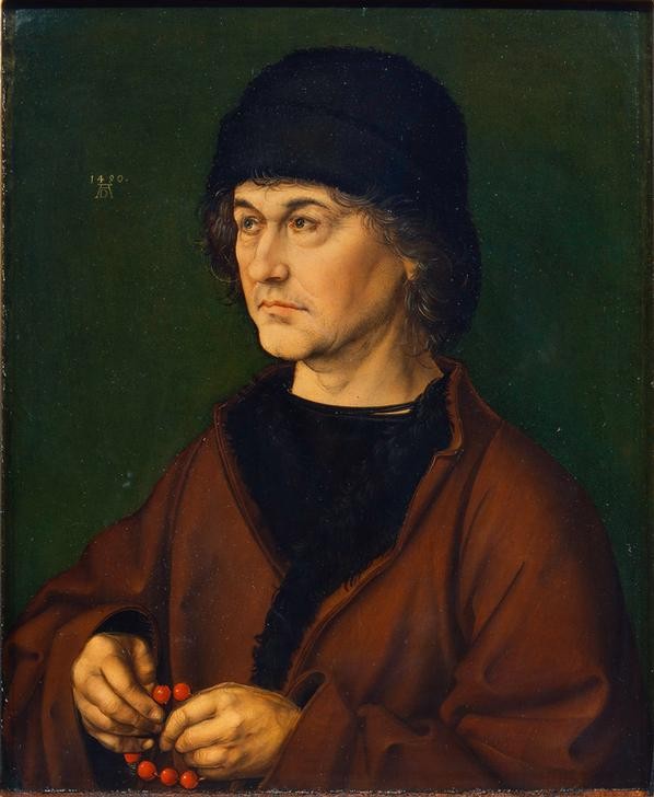 Albrecht Dürer, Albrecht Dürer d. Ä. (Deutsche Kunst,Kunsthandwerker,Goldschmied,Kopfbedeckung,Kunst,Mann,Hut,Renaissance,Portrait,Rosenkranz,Vater Von Berühmten,Künstlerfamilie,Handwerker,Person,Mütze)