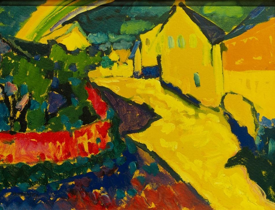 Wassily Kandinsky, Murnau – Landschaft mit Regenbogen (Dorf,Haus,Landschaft,Regenbogen,Expressionismus,Abstrakte Kunst,Russische Kunst,Gelb)