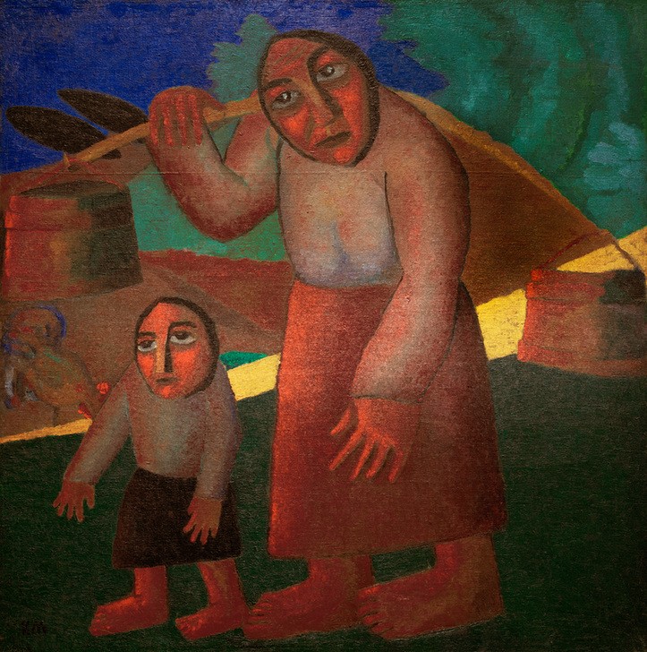 Kasimir Malewitsch, Frau mit Eimern und Kind (Familie,Frau,Kunst,Mensch,Mutter Und Kind,Volkskunde,Joch,Bäuerin,Russische Kunst,Im Freien (Allgemein),Eimer,Ukrainische Kunst,Primitivismus,Ganzfigurig,Land Und Leute)