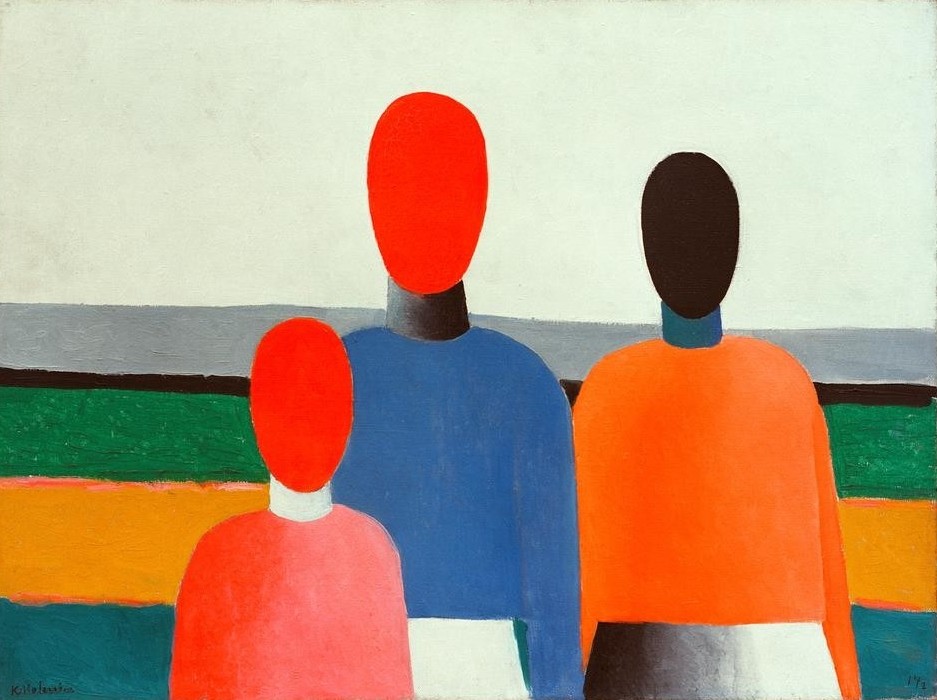 Kasimir Malewitsch, Drei weibliche Figuren (Wunschgröße, Malerei, russische Avantgarde, Frauen, abstrahiert, gesichtslos, Klassische Moderne, Business, Büro, Wohnzimmer, Arztpraxis, Treppenhaus, bunt)