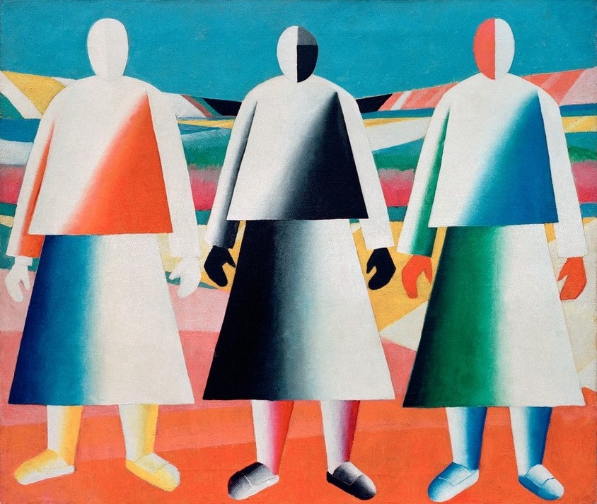 Kasimir Malewitsch, Mädchen auf dem Feld (Frau,Gruppenbild,Kunst,Mädchen,Bäuerin,Frau Im Sozialismus,Russische Kunst,Kolchose,Kollektiv,Ukrainische Kunst,Landarbeiterin,Landwirtschaft)