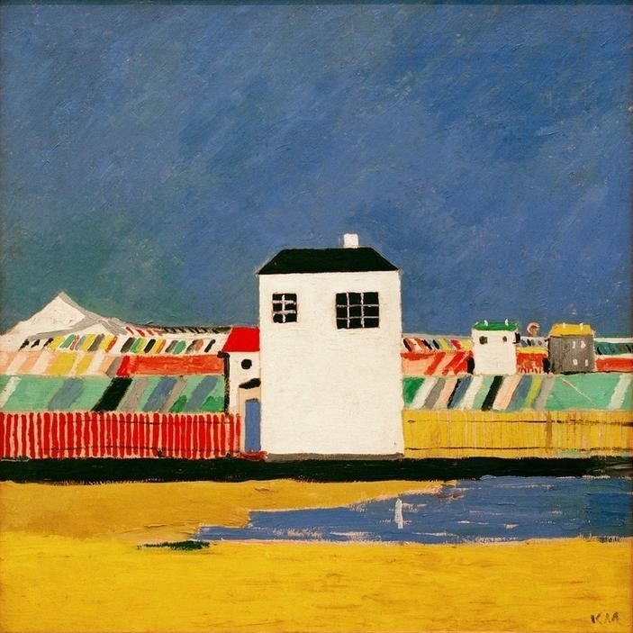 Kasimir Malewitsch, Landschaft mit weißem Haus (Architektur,Haus,Landschaft,Wohnhaus (Allgemein),Russische Kunst,Architekturdarstellung,Ukrainische Kunst,Abstraktion,Ferienhaus,Weiss (Farbe))