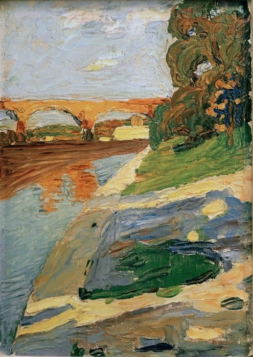 Wassily Kandinsky, München – Die Isar (Brücke,Geographie,Gewässer,Kunst,Landschaft,Fluss,Russische Kunst,Ufer,Jahrhundertwende,Topographie)