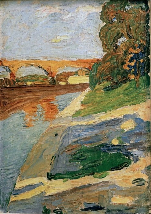 Wassily Kandinsky, München – Die Isar (Brücke,Geographie,Gewässer,Kunst,Landschaft,Fluss,Russische Kunst,Ufer,Jahrhundertwende,Topographie)