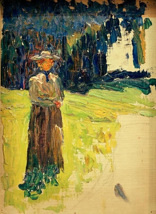 Wassily Kandinsky, Kochel – Stehende Dame am Waldrand (Frau,Mensch,Portrait,Russische Kunst)