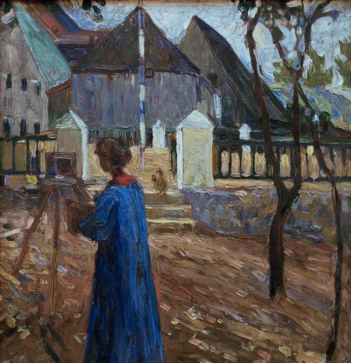 Wassily Kandinsky, Kallmünz – Gabriele Münter beim Malen II (Freilichtmalerei,Künstlerin,Malerin,Szene,Russische Kunst,Künstlerin Bei Der Arbeit,Person)