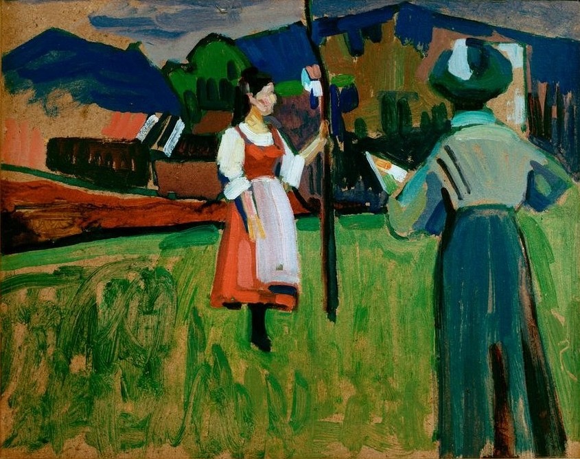 Wassily Kandinsky, Murnau – Gabriele Münter beim Malen (Freilichtmalerei,Künstlerin,Malerin,Szene,Tracht,Volkskunde,Dirndl,Russische Kunst,Künstlerin Bei Der Arbeit,Person,Künstlerin Und Modell,Land Und Leute)