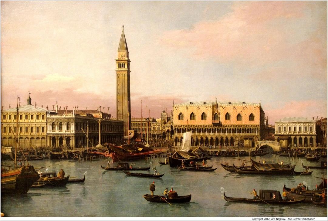 Giovanni Antonio Canaletto, Piazzetta und Bacino di S.Marco in Venedig (Architektur, Wunschgröße, Panorama, Malerei, Venedig, Städte, Lagune, Campanile, Kirchturm, Dogenpalast, Vedute, Gondeln, Boote, Alltag, Italien, Klassiker, Wohnzimmer, bunt)