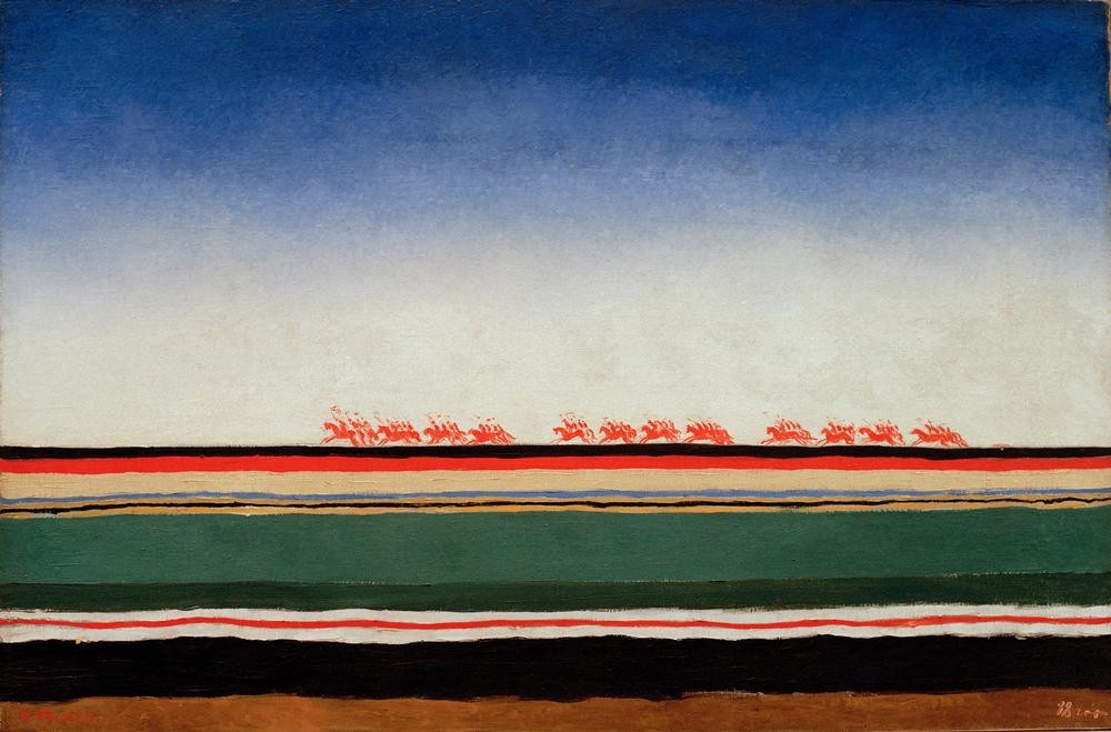 Kasimir Malewitsch, Die rote Kavallerie (Himmel (Natur),Kavallerie,Landschaft,Militär,Sowjetische Kunst,Ebene,Russische Kunst,Rote Armee,Ukrainische Kunst,Reiten,Streifen,Geschwindigkeit,Dynamik)
