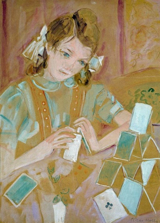 Oskar Moll, Kind mit Kartenhaus (Mädchen, Kinderspiel, Kind, Kartenhaus, filigran, expressionistisch, klassische Moderne, Wunschgröße, Esszimmer, Treppenhaus, Wohnzimmer, Malerei)
