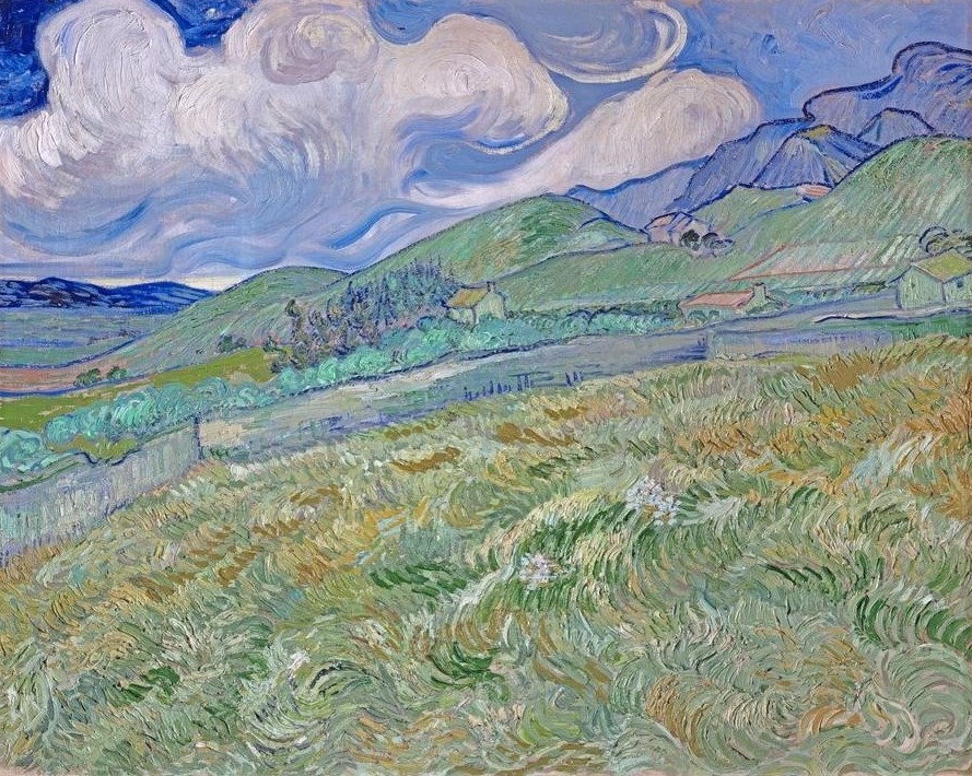 Vincent van Gogh, Berglandschaft hinter dem Hospital Saint-Paul (Gebirge,Himmel (Natur),Jahreszeiten,Juni,Kunst,Landschaft,Monat,Sommer,Weizen,Wetter,Wolke,Getreide,Niederländische Kunst,Feld,Getreidefeld,Berg,Landwirtschaft)