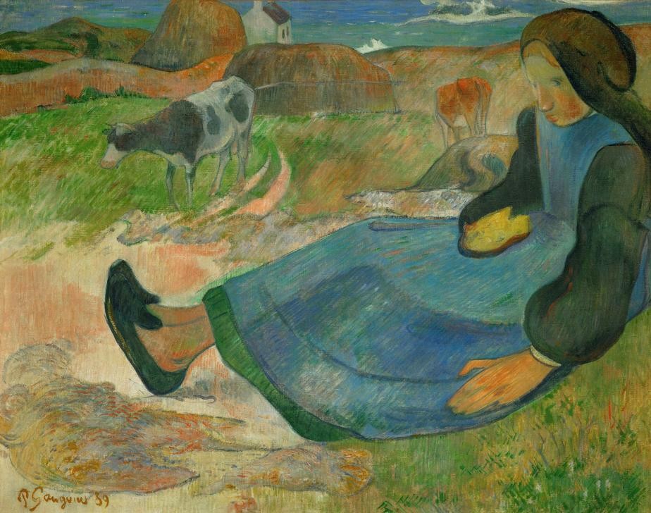 Paul Gauguin, La Gardeuse de vaches, ou Jeune Bretonne (Bauernhaus,Dorfkind,Landschaft,Rinderzucht,Rind,Schuhe (Schuh),Volkskunde,Französische Kunst,Tierhaltung,Kleidung (Allgemein),Tier,Herde,Hirtin,Synthetismus,Land Und Leute,Landwirtschaft,Viehzucht,Weide (Wiese))