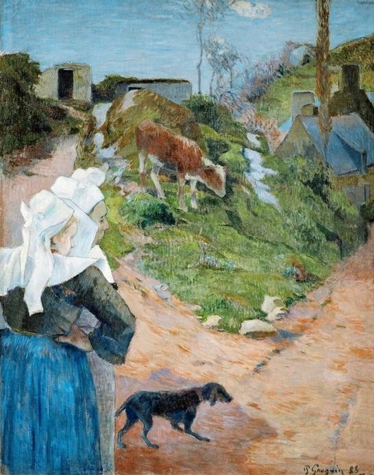 Paul Gauguin, Bretonnes et Veau (Bauernhaus,Dorf,Landschaft,Volkskunde,Impressionismus,Hut,Hund,Bäuerin,Haube,Französische Kunst,Landleben,Kleidung (Allgemein),Tier,Kalb,Synthetismus,Schule Von Pont-Aven,Land Und Leute,Mütze)