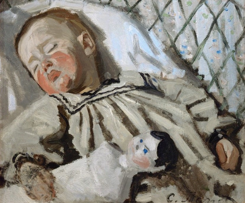 Claude Monet, Jean Monet endormi (Bett,Kind,Maler (Künstler),Puppe (Gegenstand),Spielzeug,Impressionismus,Kleinkind,Portrait,Französische Kunst,Knabe,Schlafen (Schlaf),Person)