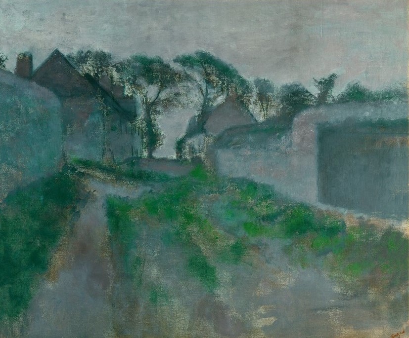 Edgar Degas, Rue de village Saint Valerysur-Somme (Dorfstrasse,Dorf,Landschaft,Strasse (Allgemein),Tageszeiten,Abend,Impressionismus,Baum,Stadtansicht,Architekturdarstellung,Französische Kunst,Dämmerung)