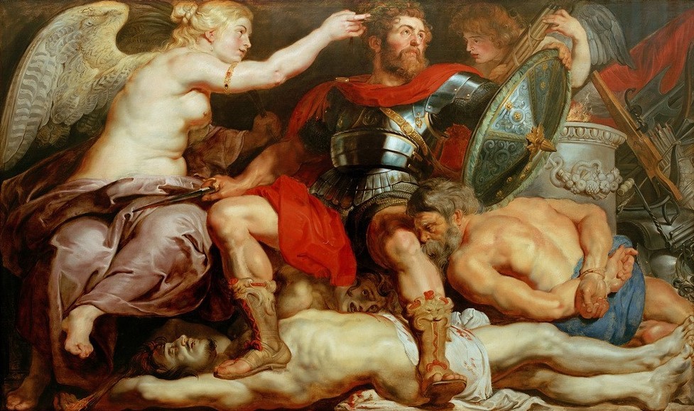 Peter Paul Rubens, Die Krönung des Tugendhelden (Flämische Kunst,Held,Kriegsgefangene,Laster,Mythologie,Barock,Allegorie,Sieg (Erfolg),Tugend,Psychomachie,Niederländische Kunst,Siegerehrung,Tugendheld,Siegerpose,Griechisch-Römische Mythologie)