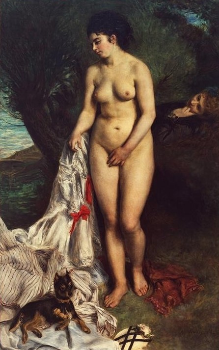 Pierre-Auguste Renoir, La baigneuse au griffon (Bad Im Freien,Frau,Impressionismus,Hund,Akt,Französische Kunst,Pinscher,Entkleiden,Frau Und Tier,Ganzfigurig)